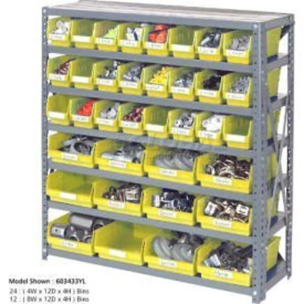 Global Equipment Steel Shelving with 48 4"H Plastic Shelf Bins Yellow, 36x18x39-7 Shelves 603438YL